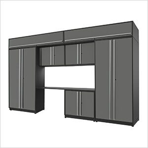 8-Piece Glossy Grey Cabinet Set with Silver Handles and Powder Coated Worktop