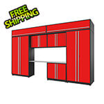 Proslat 8-Piece Glossy Red Cabinet Set with Silver Handles and Stainless Steel Worktop