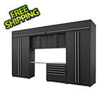 Proslat Garage Cabinets 8-Piece Mat Black Cabinet Set with Silver Handles and Stainless Steel Worktop