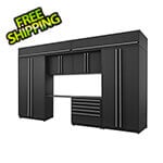 Proslat Garage Cabinets 8-Piece Mat Black Cabinet Set with Silver Handles and Powder Coated Worktop