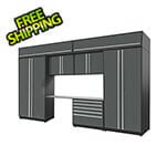 Proslat 8-Piece Glossy Grey Cabinet Set with Silver Handles and Stainless Steel Worktop