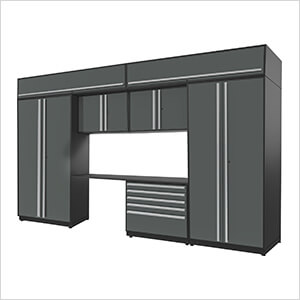 8-Piece Glossy Grey Cabinet Set with Silver Handles and Powder Coated Worktop