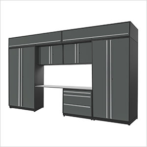 8-Piece Glossy Grey Cabinet Set with Silver Handles and Stainless Steel Worktop