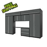 Proslat Garage Cabinets 8-Piece Glossy Grey Cabinet Set with Silver Handles and Powder Coated Worktop