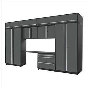 8-Piece Glossy Grey Cabinet Set with Silver Handles and Powder Coated Worktop