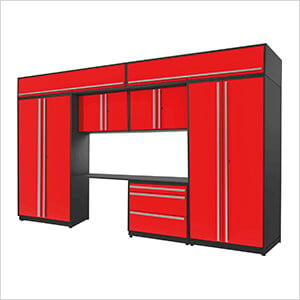 8-Piece Glossy Red Cabinet Set with Silver Handles and Powder Coated Worktop