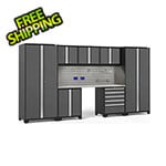 NewAge Garage Cabinets PRO Series Grey 8-Piece Set with Stainless Top, Slatwall Hook Kit and LEDs