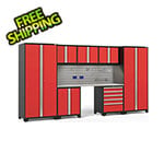 NewAge Garage Cabinets PRO Series Red 8-Piece Set with Stainless Top, Slatwall Hook Kit and LEDs