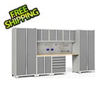 NewAge Garage Cabinets PRO Series Platinum 8-Piece Set with Bamboo Top, Slatwall Hook Kit and LEDs