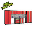 NewAge Garage Cabinets PRO Series Red 10-Piece Set with Stainless Top, Slatwall Hook Kit and LEDs