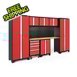 NewAge Garage Cabinets BOLD Series Red 8-Piece Set with Bamboo Top, Backsplash, LED Lights