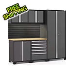 NewAge Garage Cabinets PRO Series 3.0 Grey 6-Piece Set with Bamboo Top, Slatwall and LED Lights