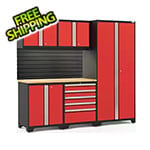 NewAge Garage Cabinets PRO Series Red 6-Piece Set with Bamboo Top, Slatwall and LED Lights