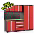 NewAge Garage Cabinets PRO Series Red 6-Piece Set with Bamboo Top, Slatwall and LED Lights
