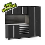 NewAge Garage Cabinets PRO Series 3.0 Black 6-Piece Set with Stainless Steel Top, Slatwall and LED Lights