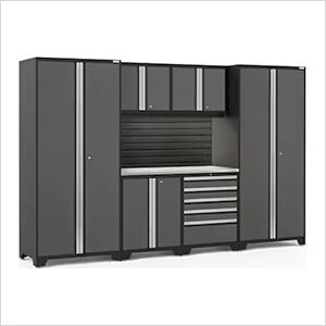 PRO Series Grey 7-Piece Set with Stainless Steel Top, Slatwall and LED Lights