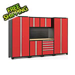 NewAge Garage Cabinets PRO Series Red 7-Piece Set with Bamboo Top, Slatwall and LED Lights
