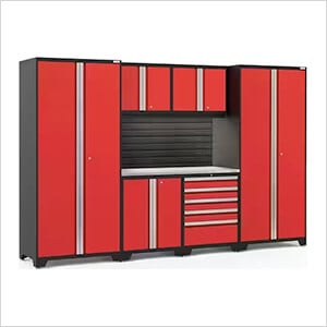 PRO Series Red 7-Piece Set with Stainless Steel Top, Slatwall and LED Lights