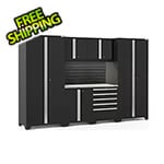 NewAge Garage Cabinets PRO Series Black 7-Piece Set with Stainless Steel Top, Slatwall and LED Lights