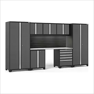 PRO Series Grey 8-Piece Set with Stainless Steel Top, Slatwall and LED Lights