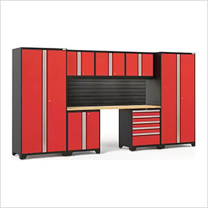 PRO Series 3.0 Red 8-Piece Set with Bamboo Top, Slatwall and LED Lights
