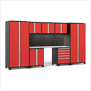PRO Series 3.0 Red 8-Piece Set with Stainless Steel Top, Slatwall and LED Lights