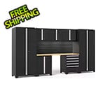 NewAge Garage Cabinets PRO Series Black 8-Piece Set with Bamboo Top, Slatwall and LED Lights