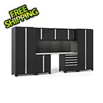NewAge Garage Cabinets PRO Series 3.0 Black 8-Piece Set with Stainless Steel Top, Slatwall and LED Lights
