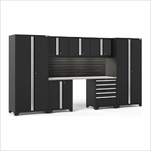 PRO Series Black 8-Piece Set with Stainless Steel Top, Slatwall and LED Lights