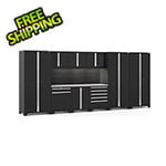NewAge Garage Cabinets PRO Series Black 10-Piece Set with Stainless Top, Slatwall and LED Lights