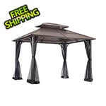 Sunjoy 10 x 12 Brown Steel Hardtop Gazebo with Hook and Netting