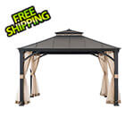 Sunjoy 11 x 13 Black Aluminum Hardtop Gazebo with Hook and Netting