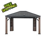 Sunjoy Group 12 x 14 Solar Powered Steel Hardtop Wooden Gazebo with LED Light and Bluetooth Sound
