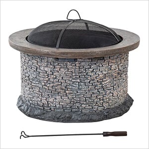 32-Inch Wood Burning Stone Fire Pit with Spark Screen and Poker