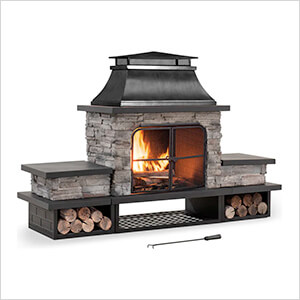 48-Inch Wood Burning Stone Fireplace with Fire Poker