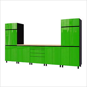 12.5' Premium Lime Green Garage Cabinet System with Butcher Block Tops