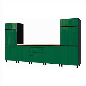 12.5' Premium Racing Green Garage Cabinet System with Butcher Block Tops