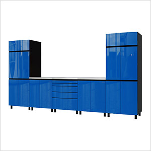 12.5' Premium Santorini Blue Garage Cabinet System with Stainless Steel Tops