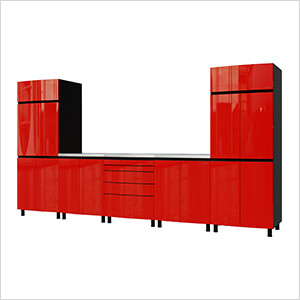 12.5' Premium Cayenne Red Garage Cabinet System with Stainless Steel Tops