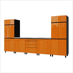 12.5' Premium Traffic Orange Garage Cabinet System with Stainless Steel Tops