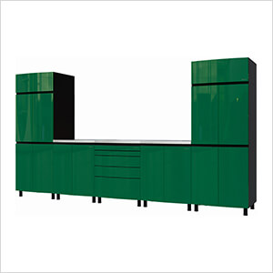 12.5' Premium Racing Green Garage Cabinet System with Stainless Steel Tops