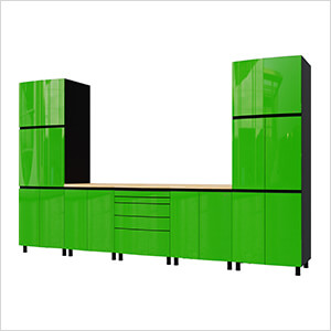 12.5' Premium Lime Green Garage Cabinet System with Butcher Block Tops