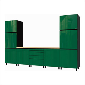 12.5' Premium Racing Green Garage Cabinet System with Butcher Block Tops