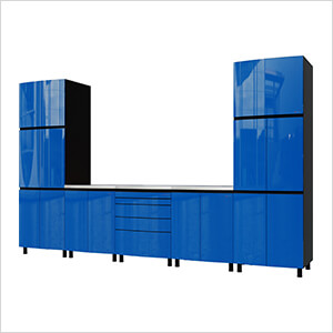 12.5' Premium Santorini Blue Garage Cabinet System with Stainless Steel Tops