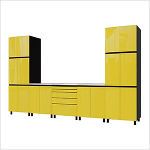 12.5' Premium Vespa Yellow Garage Cabinet System with Stainless Steel Tops