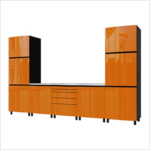 12.5' Premium Traffic Orange Garage Cabinet System with Stainless Steel Tops