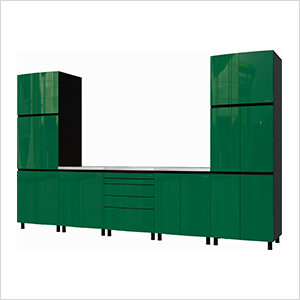 12.5' Premium Racing Green Garage Cabinet System with Stainless Steel Tops