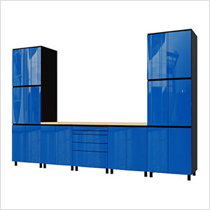 12.5' Premium Santorini Blue Garage Cabinet System with Butcher Block Tops