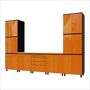 12.5' Premium Traffic Orange Garage Cabinet System with Butcher Block Tops