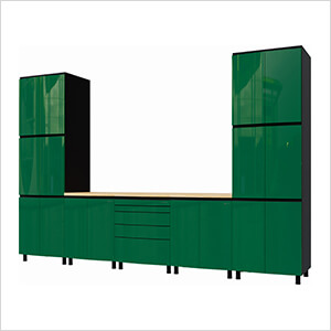 12.5' Premium Racing Green Garage Cabinet System with Butcher Block Tops